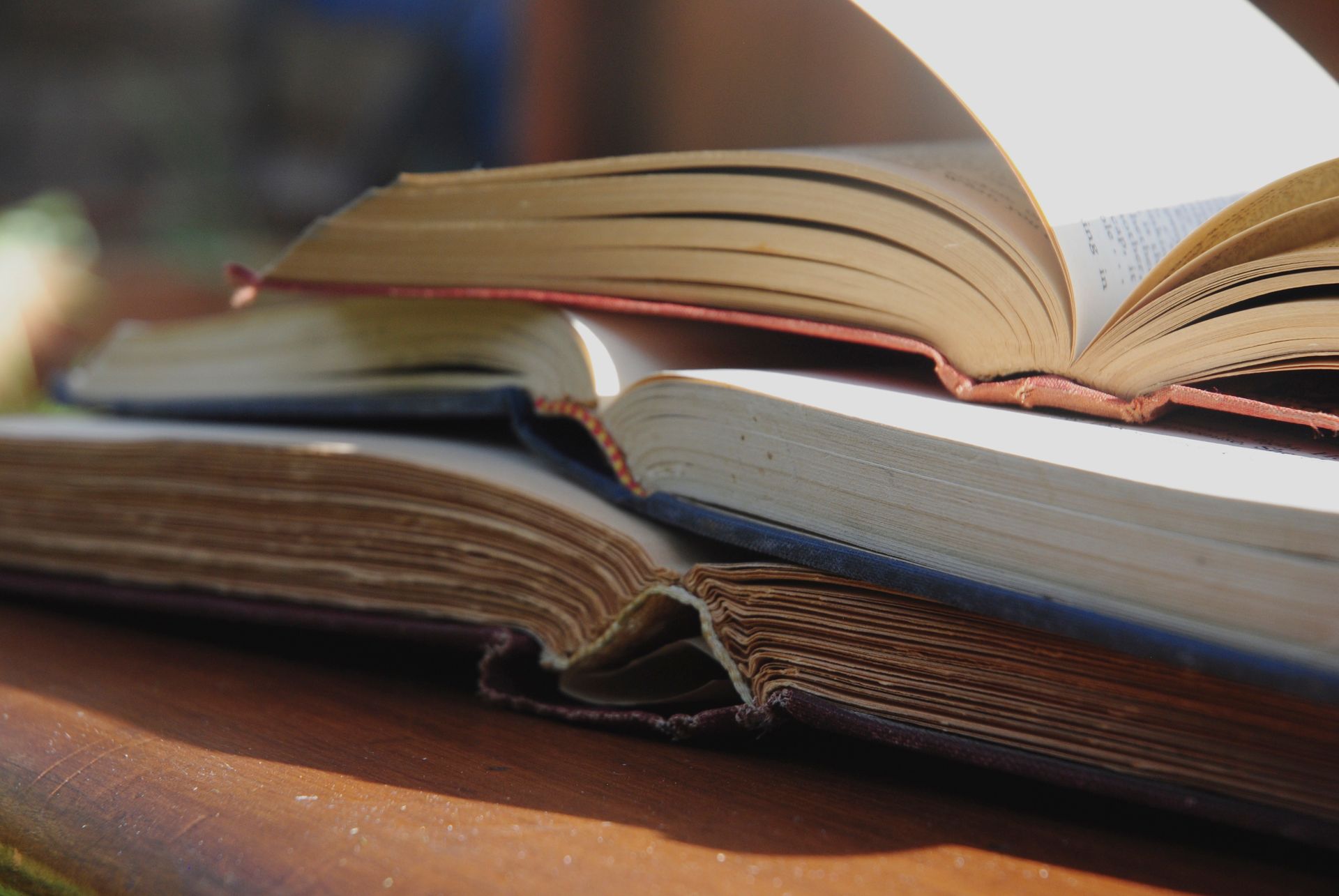 Aufgeschlagene Bücher auf einem sonnigen Holztisch